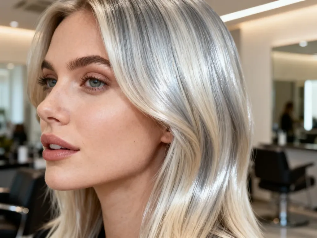 Kobieta z lśniącymi, blond włosami w odcieniu chłodnego popielatego blondu, prezentująca efekt profesjonalnego tonowania.