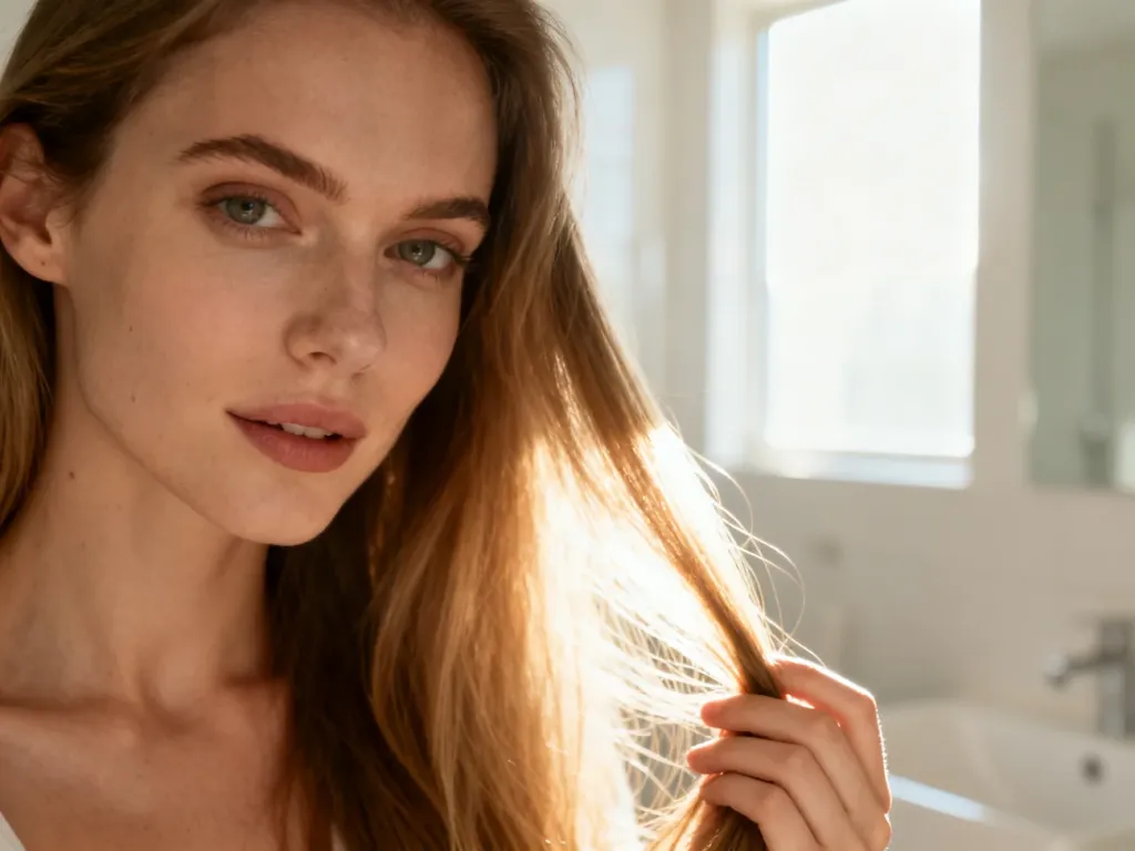 Kobieta dotykająca swoich długich, lśniących i miękkich włosów w słonecznej łazience.
